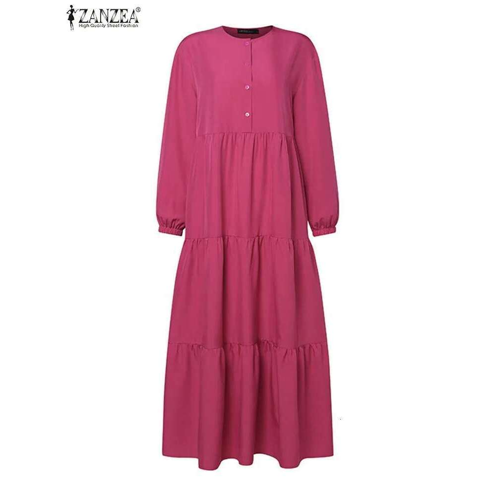 ZANZEA O Neck Casual Loose Maxi Dress Tiered Islamic Hijab Women Sleeve Long Vestidos Muslim Fashion Autumn Abaya Robes