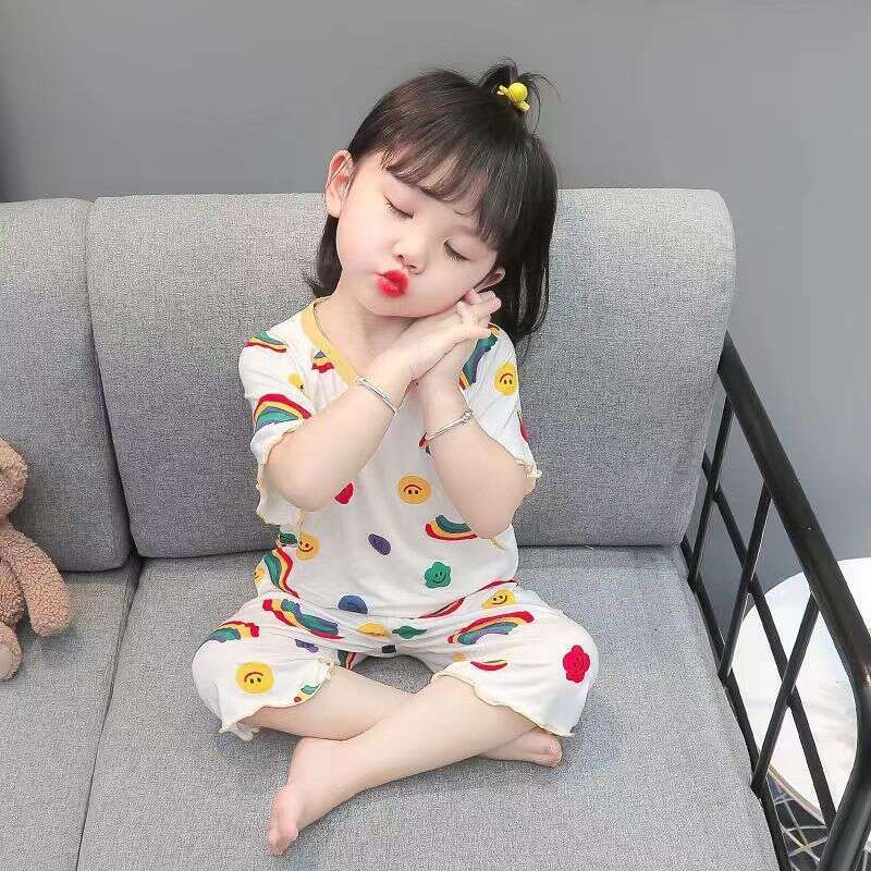Ice Silk Soft Children's Pajamas Thin Style Baby Girl Western Korean Version Short Sleeved Home Girls Summer Air-Conditioned Clothes