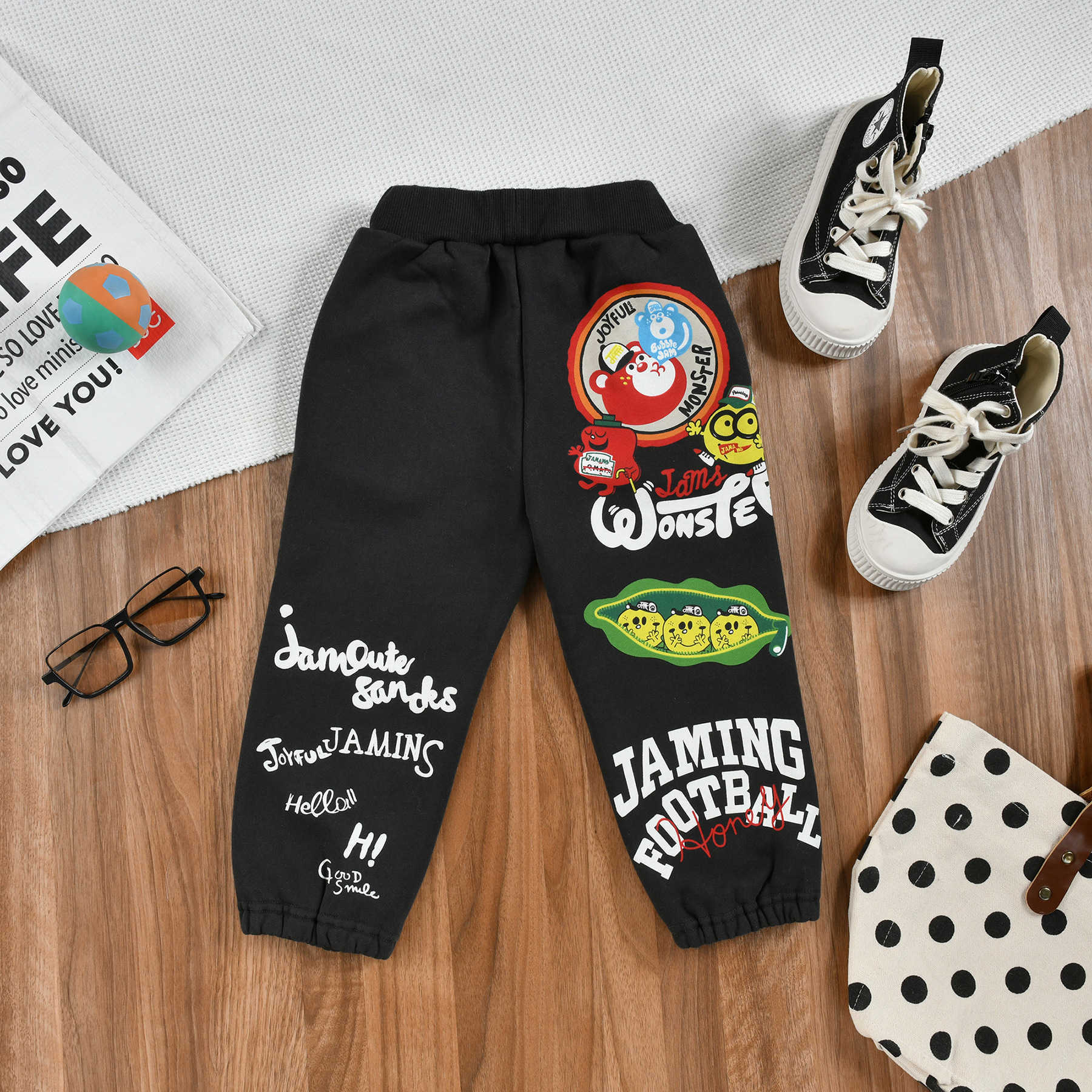 Jam Autumn and Winter Childrens Clothing with Plush Pants for Boys and Girls Trendy Embroidery Printing Washing and Plush Casual Ankle Pants Y250430L0