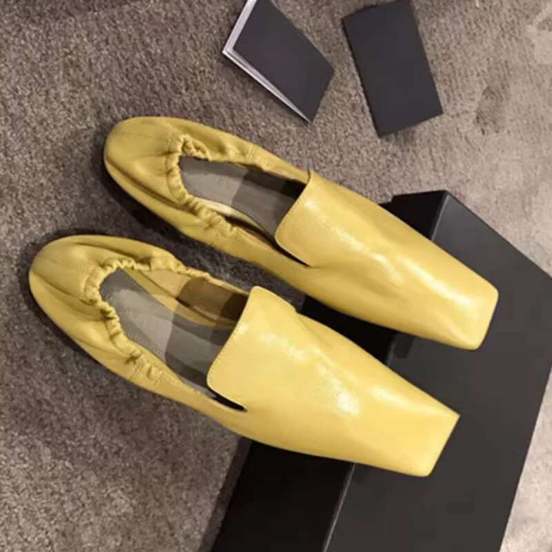 Fashion Drandma High Quality Women Square Catwalk Flats Comfortable Pumps Soft Leather Pleated Elastic Casual Shoes