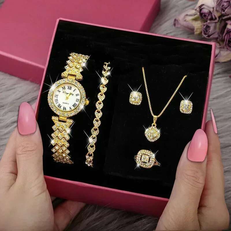 Fashion Full Crystal 5 Pcs Watch Necklace Earrings Ring For Women Rhinestone Wristwatch Female Bracelet Set Gift