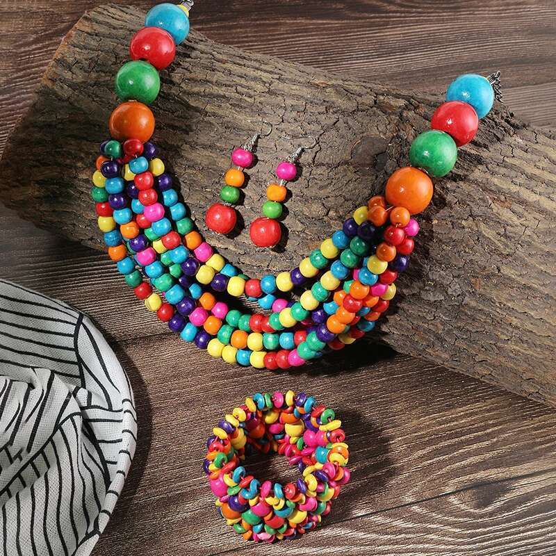 New Arrival 1Set African Multi-Layer Wooden Beads Necklace Earrings Jewelry Sets For Women Wedding Dress Jewelry Gifts