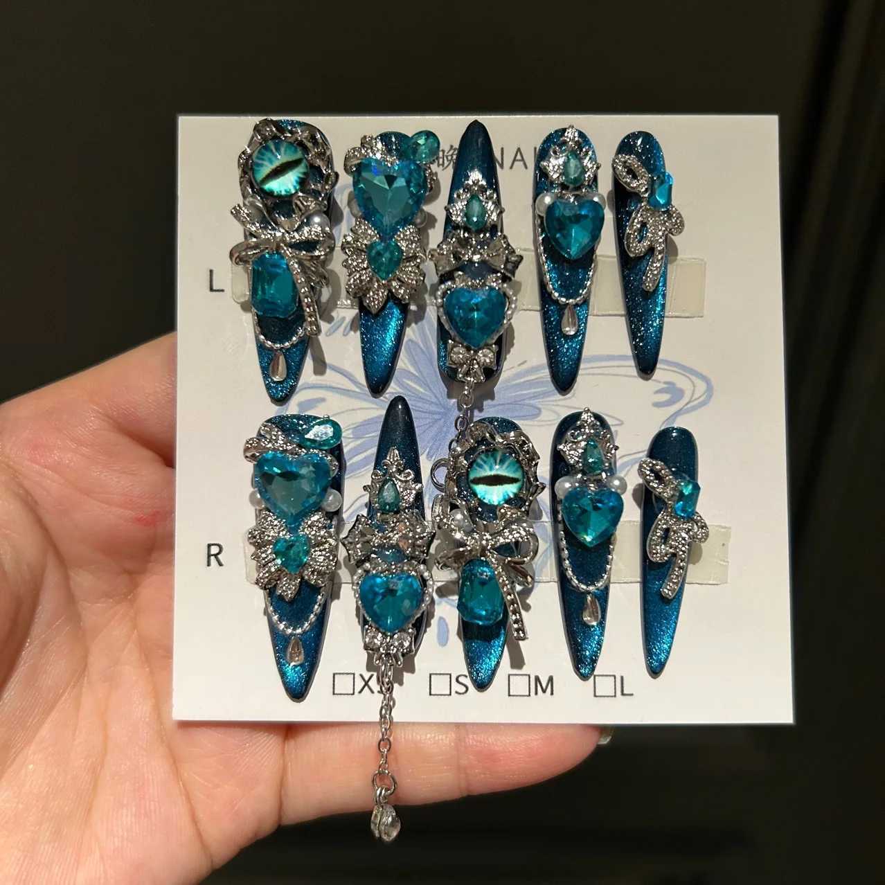 Bianas original handmade wearable cat eye nail art premium blue press nail H25429