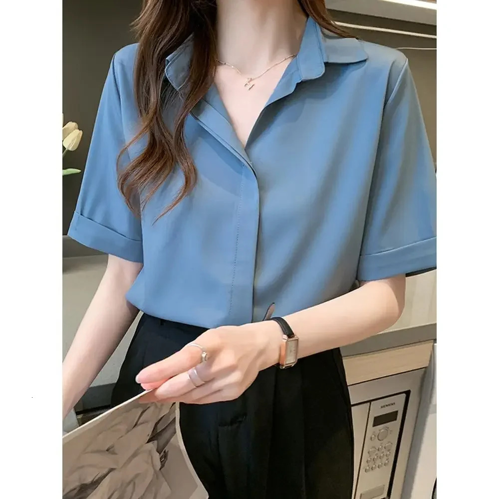 Black shirt womens summer slim fit n sensual niche chiffon top 2023 short sleeved professional white 250422