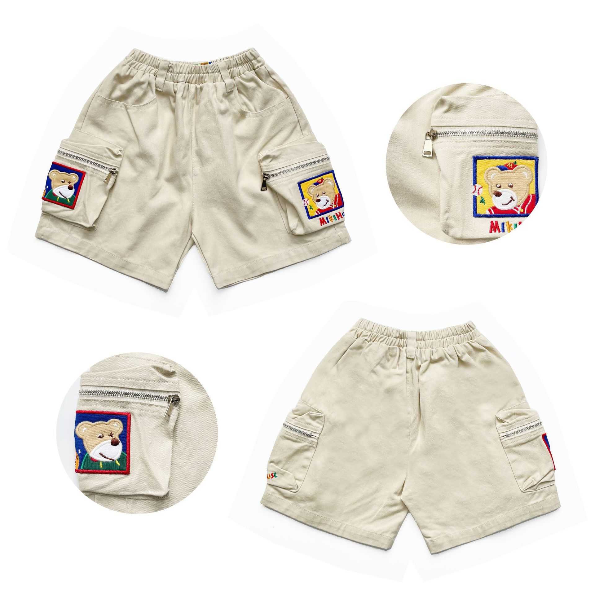 Miki Childrens Clothing for Boys and Girls Summer Casual Cartoon Embroidery Teddy Bear Workwear Three-dimensional Bag All Cotton Washed Shorts Y250430