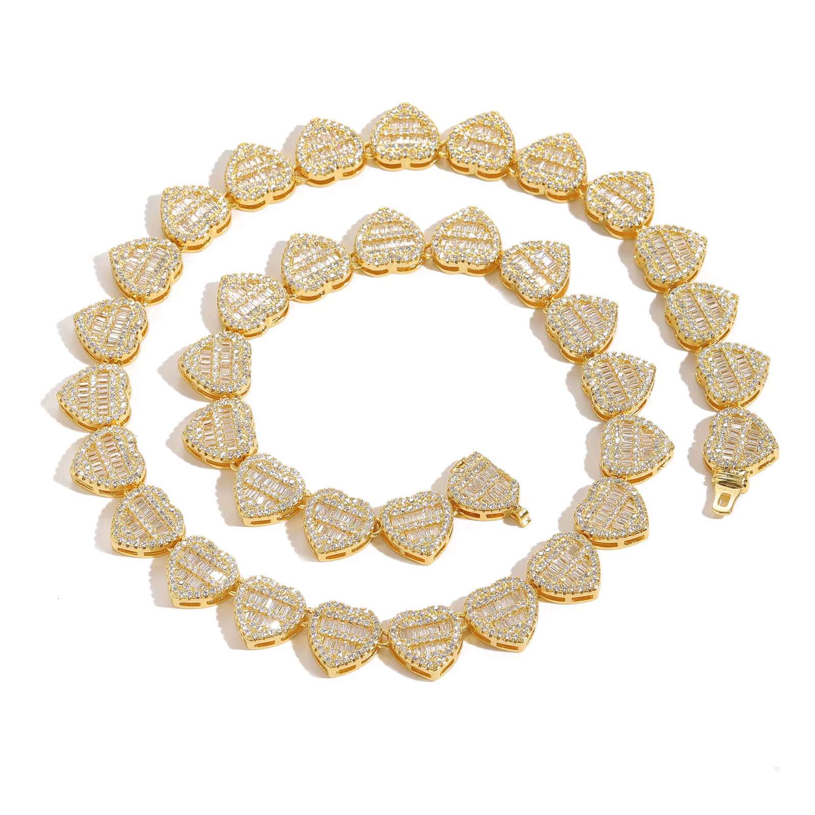 Hip Hop Style 12mm Heart-Shaped Tennis Chain Necklace with Iced Zircon Gold Plated Bracelet Fashion Jewelry for Mens Parties