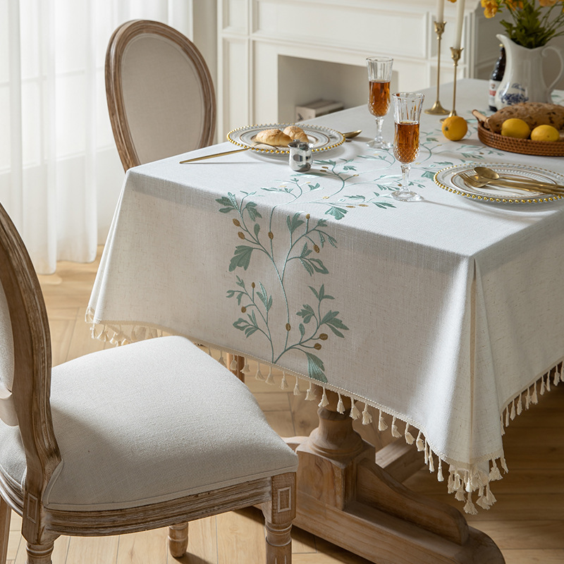 W13 Feiyang Nordic ins style embroidered tablecloth cotton and linen fabric tablecloth literary small fresh tassel coffee table cloth tablecloth