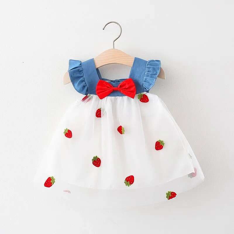 Summer New Girls' Little Flying Sleeve Children's Bow Strawberry Embroidery Mesh Spliced Denim Princess Dress