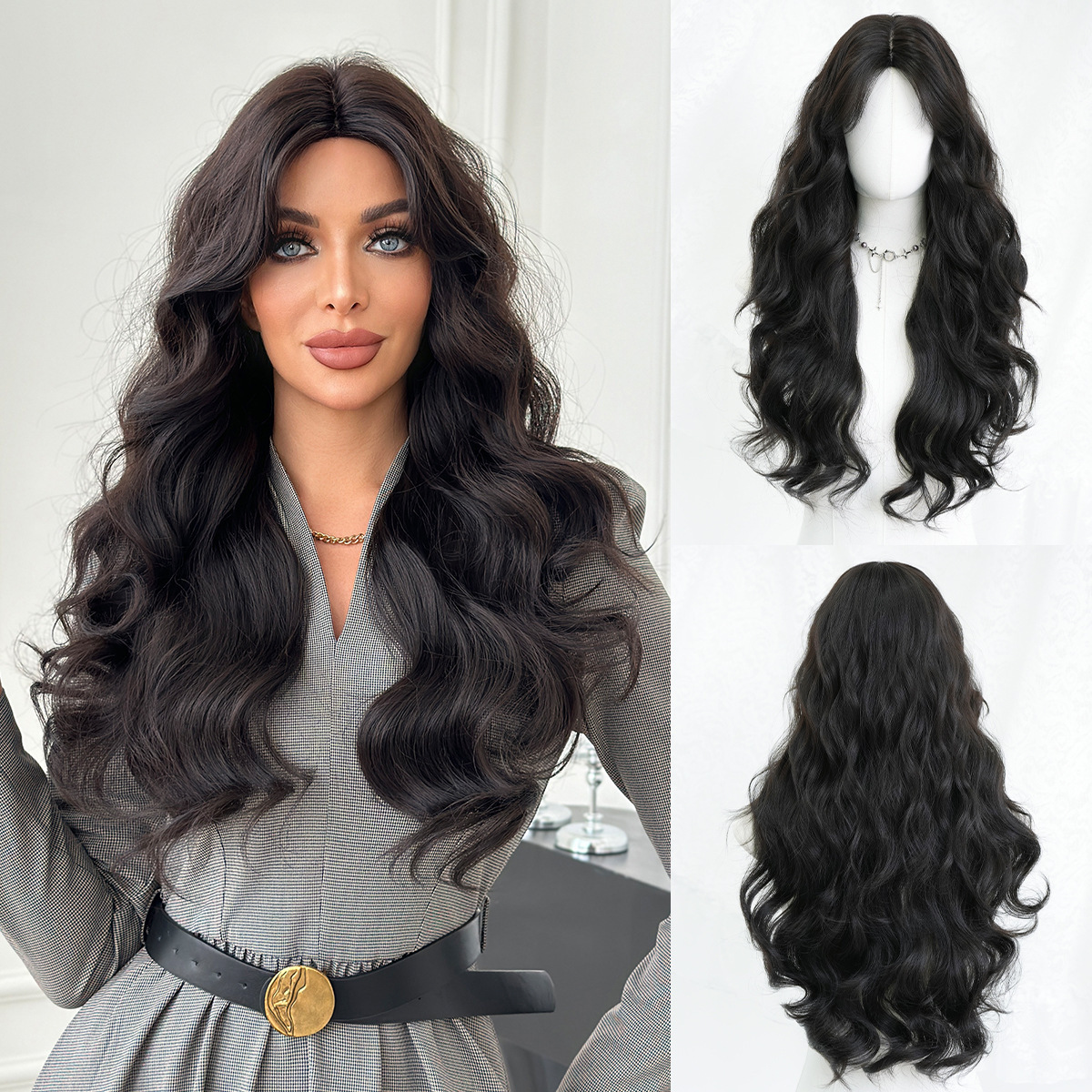 Chinese 2025 zodiac bangs long curly hair wig full head cover round face for women commonly used synthetic wave wig