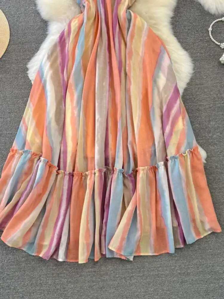 XPPV 2025 Summer New Fashion Strap Tie Dyeing Sleeveless High Waist A-line Swinging Loose Long Dress for Women SM1153 W250430