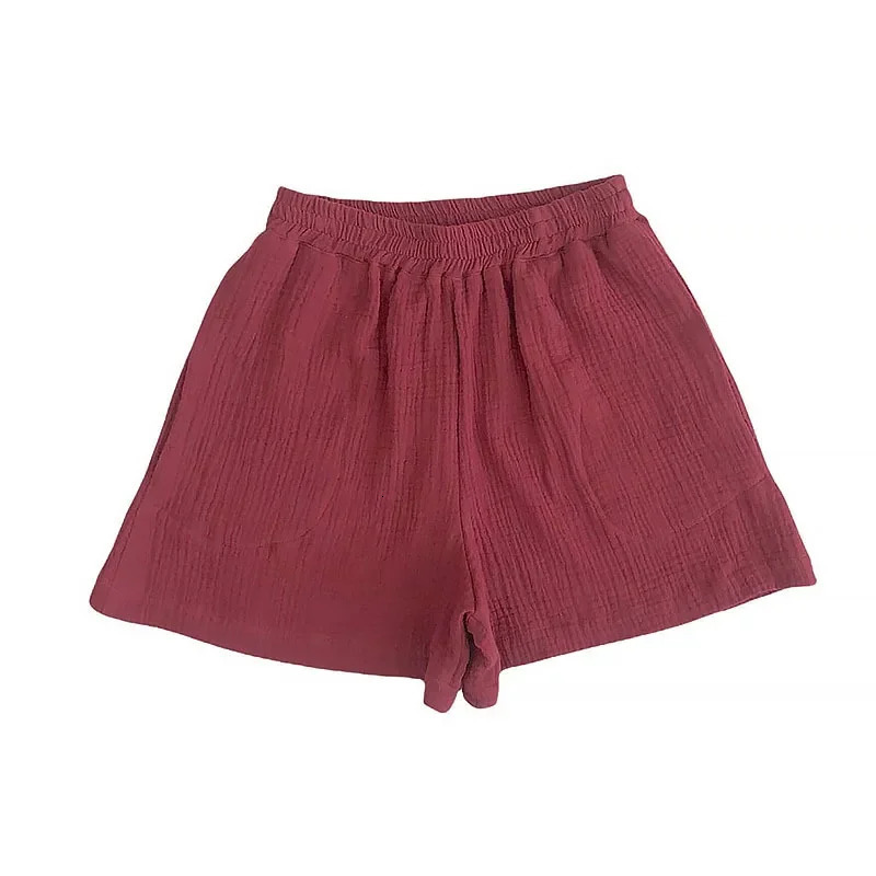 Leisure 100% cotton high-z fine grain womens summer shorts elastic high waist wide leg sports beach shorts with pockets 250427