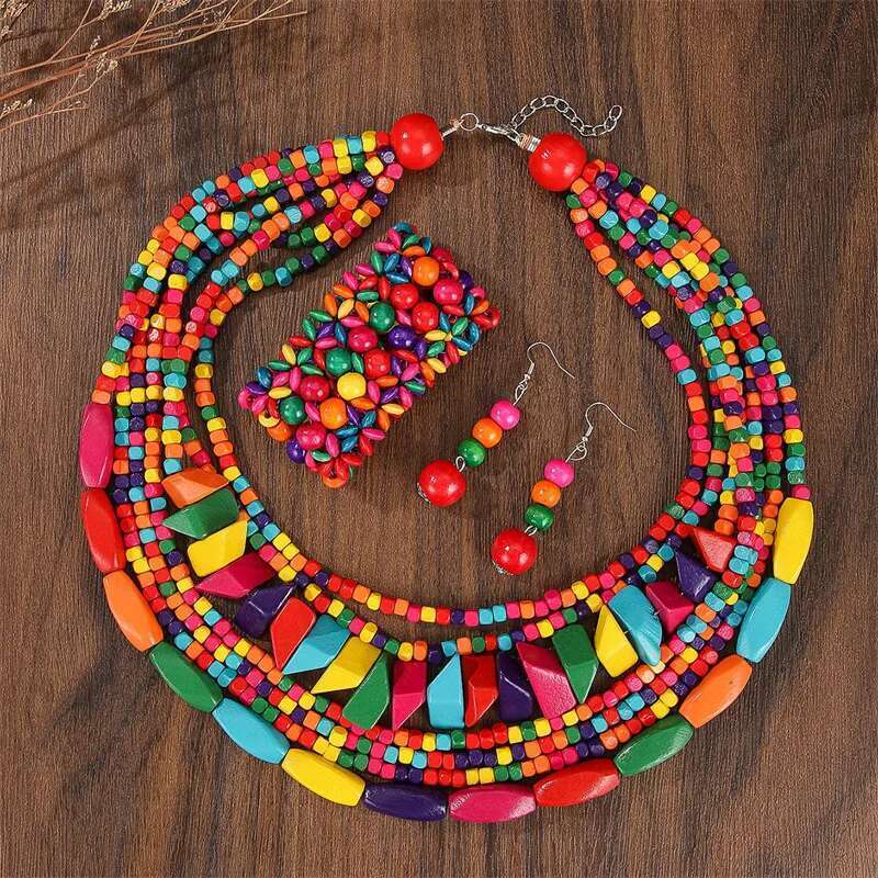 Boho Multilayer Big Colorful Wood Set Geometry Necklace Earrings Sets Nigerian Wedding Indian Africal Beads Jewelry Gift