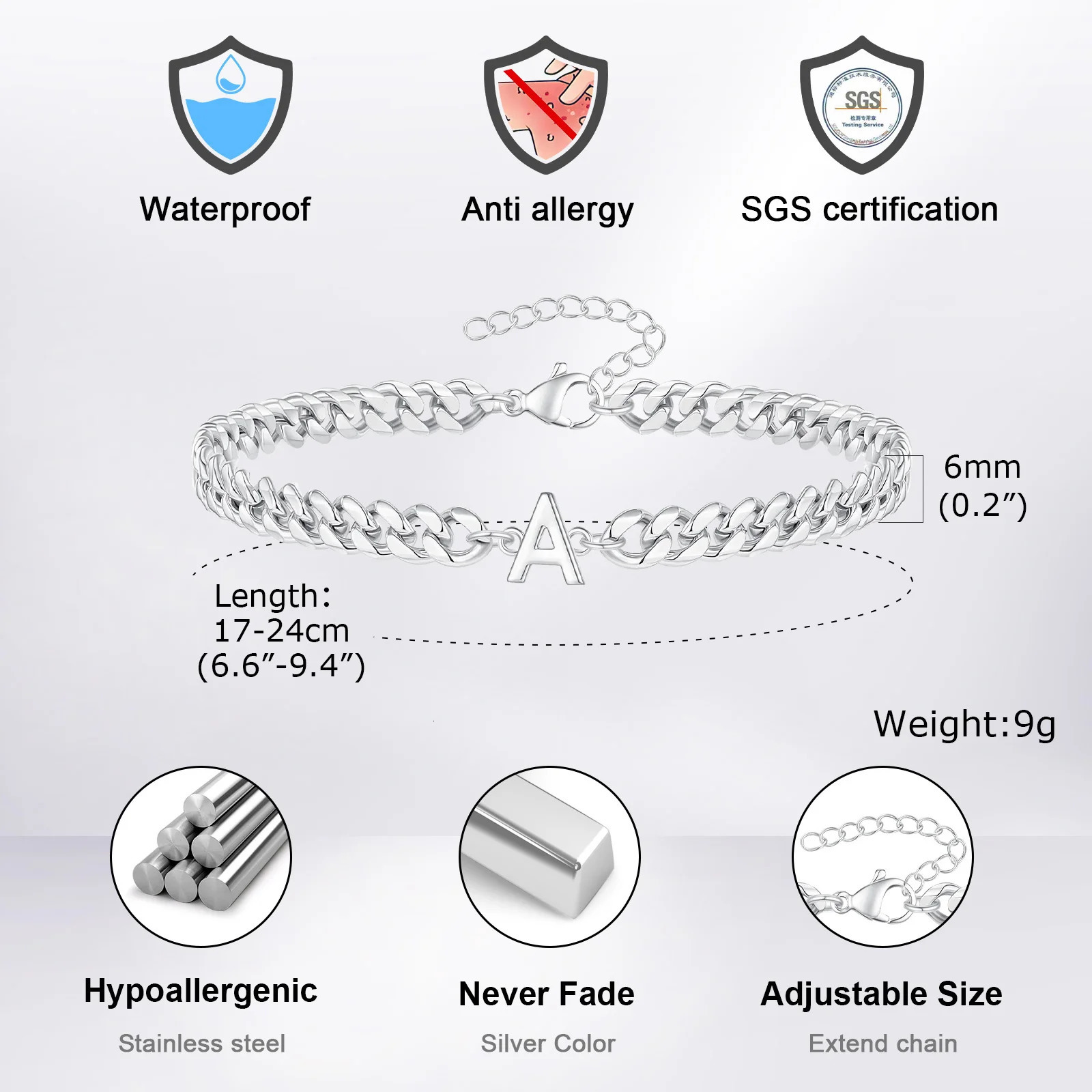 Vnox A-Z Initial Cuban Chain Bracelets for Men Women Silver Color Stainless Steel Curb Links Letters Name Charm Bracelet Gift 250430