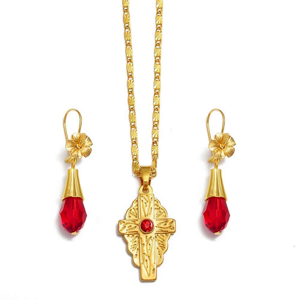 Anniyo Hawaiian Bead Ball Jewelry Sets Cross Pendant Necklaces Colored Crystal Earrings Guam Micronesia Chuuk Pohnpei #253006