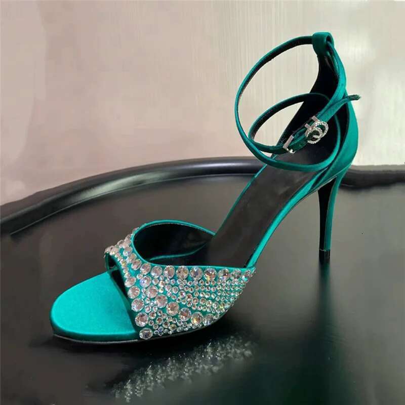 Summer new rhinestone buckle with open-toe sexy sandals thin high-heeled banquet dress customized large-size women's shoes