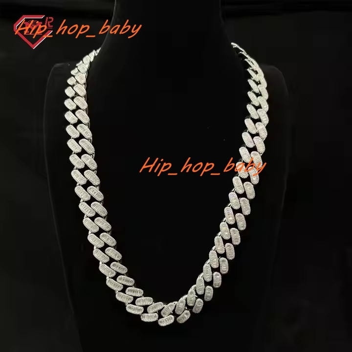 Custom Moissanite Cuban Chain 925 Sterling Silver Iced Out 18mm Baguette Hip Hop Cuban Link Chain