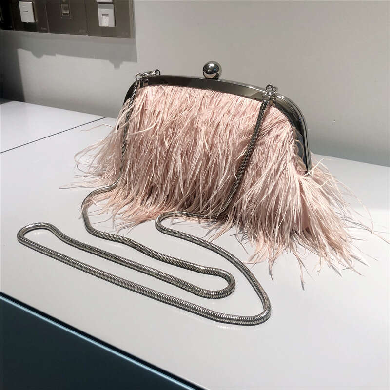 INS Turkey Hair Pearl Chain Shoulder Ostrich Grass Crossbody Dress Fur Women's Bag