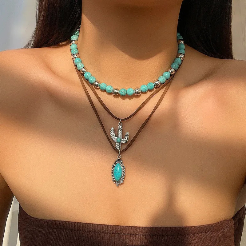 Exquisite jewelry vintage turquoise necklace niche bead necklace set ethnic style cactus necklace gift 250428