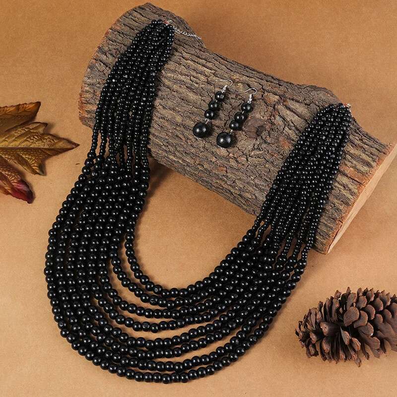 1Set African Style Multi-Layer Wooden Bead Chokers Colorful Bohemian Necklace Earrings Set Party Jewelry