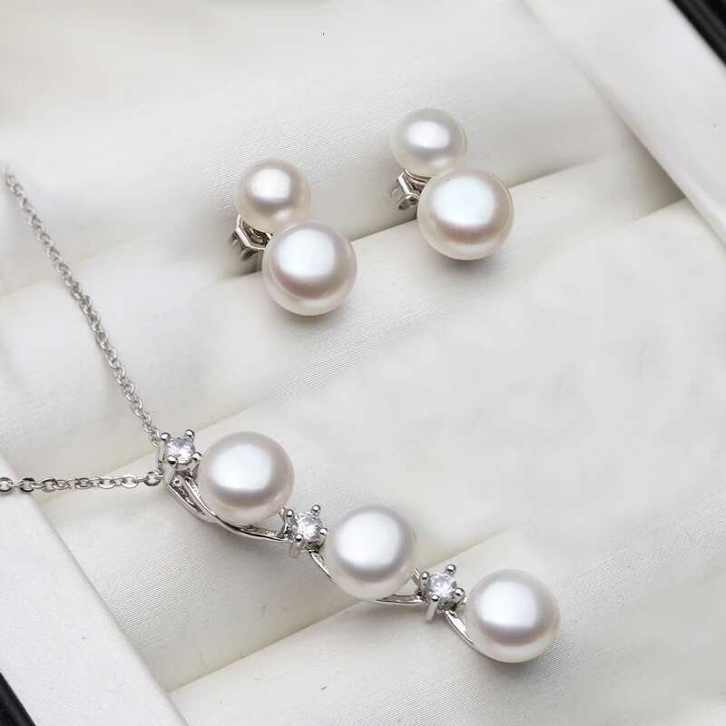 Wedding Sier Natural Freshwater Pearl Necklace And Earrings Set For Women Customers White Black