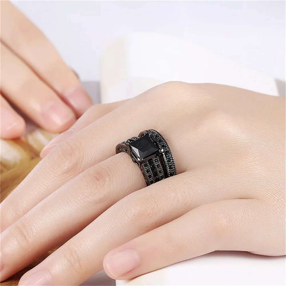 His Her Couple Rings Black 316L Stainless Steel Princess Cut Cubic Zirconia Engagement Wedding Jewelry Set