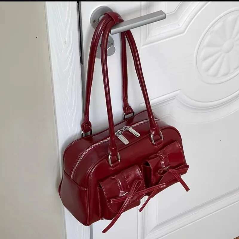 Xiuya Sier Pleated Womens Shoulder Elegant Gentle Korean Fashion Leather Handbag Bow Sweet New Simple Ladies Boston Bag