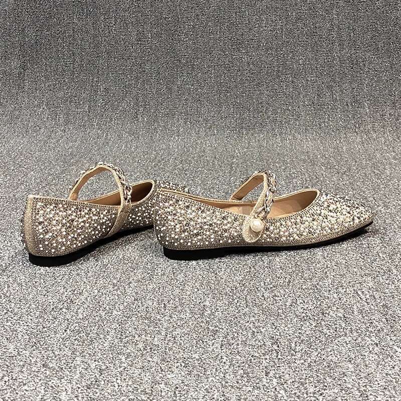 New Brand Women Rhinestone Flats Pearl Loafers Sparkling Sequined Shoes Strapless Buckle Sandals Casual Shoe