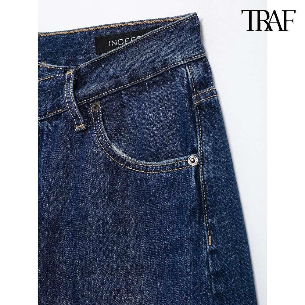 TRAF high-waisted Slim wide-legged denim casual elegant straight trousers temperament street women's clothing