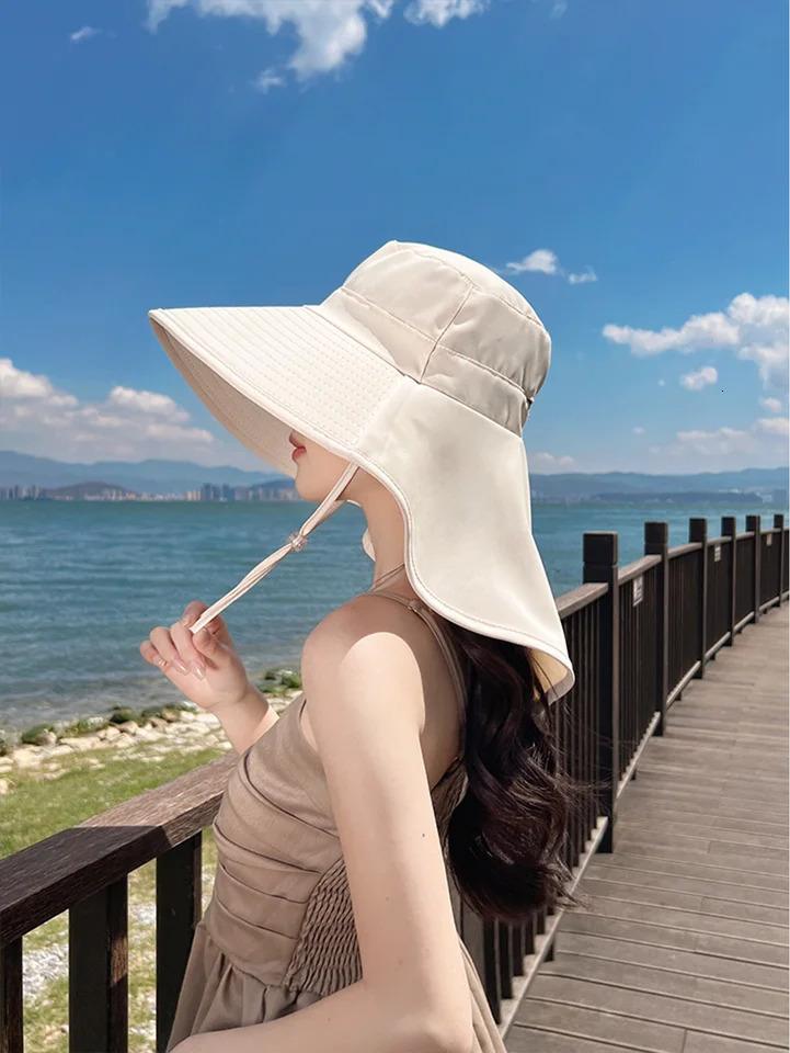 Summer Sun Hats For Women Wide Large Brim Ponytail Bucket Hat Outdoor Fishing Hiking UV Anti Neck Protect Shawl Visor Panama Cap 250430
