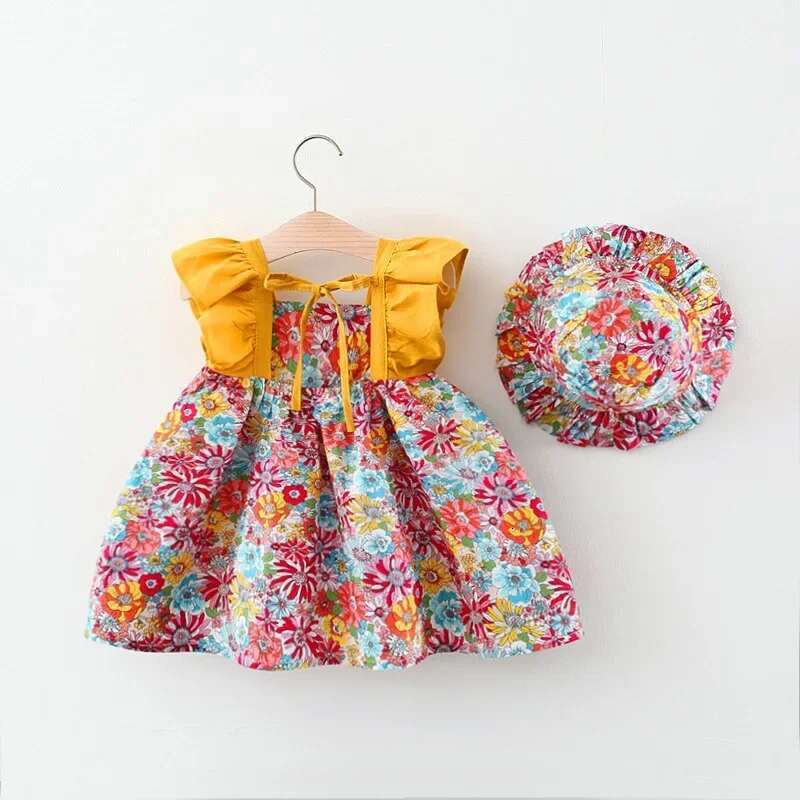 Summer New Girl Baby Strap Fragmented Flower Children's Sleeveless Princess Dress 0-3 Year Old Newborn Comes With Hat