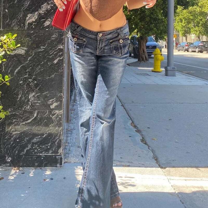 Korean Style Haruku Hot Mom Denim Jeans Y2K Grunge Vintage Low Waisted Pockets Skinny Flare Pants 2000s Retro Cargo Trousers