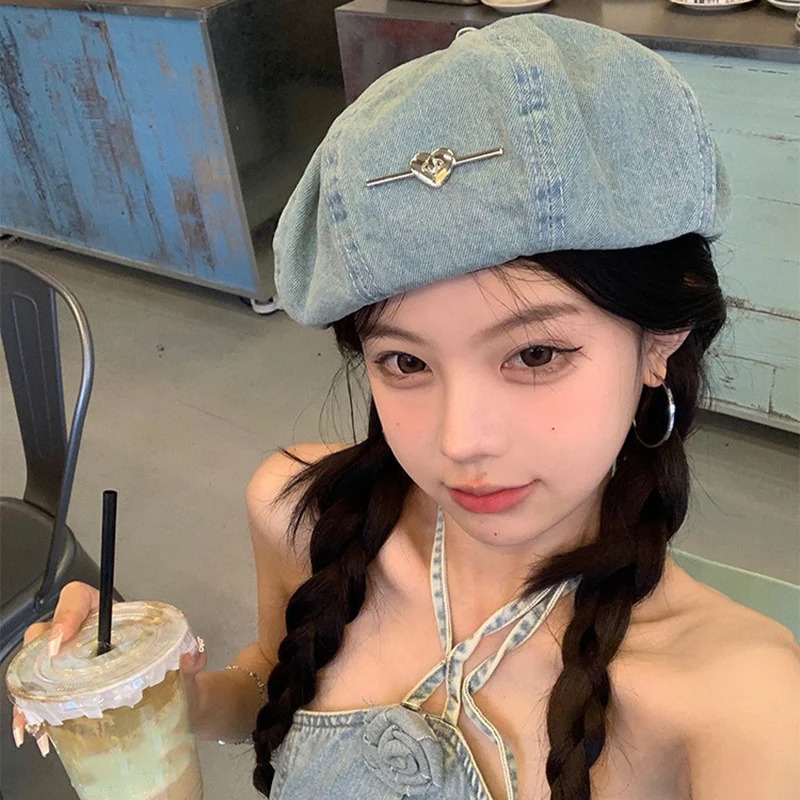 high-quality love denim washed beret childrens edition spring/summer small face show retro painter hat Y2K 250430