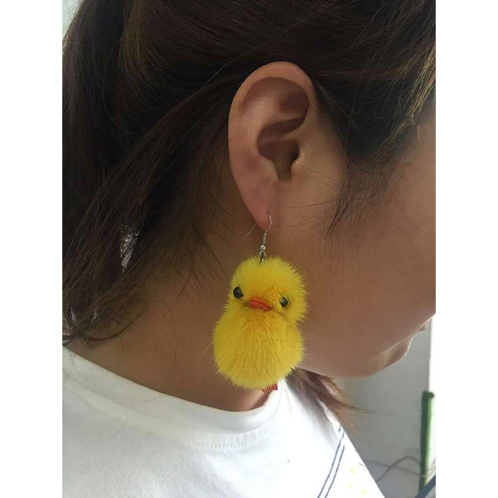 Fishsheep Cute Chick Pom Pendant Drop For Women Fluffy Fur Ball 3D Cartoon Animal Dangle Earrings Fashion Jewelry