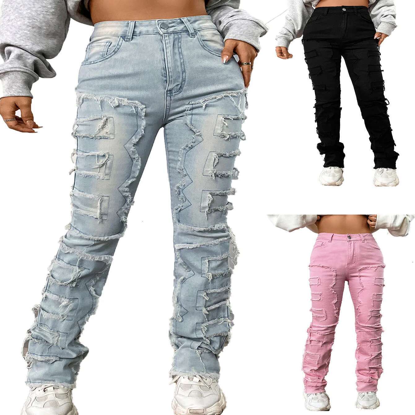 Women Jeans Denim Straight Pants Spliced Patchwork High Street Slim Fit Pockets Mid Waist Washing Zipper Slight Srech fashion