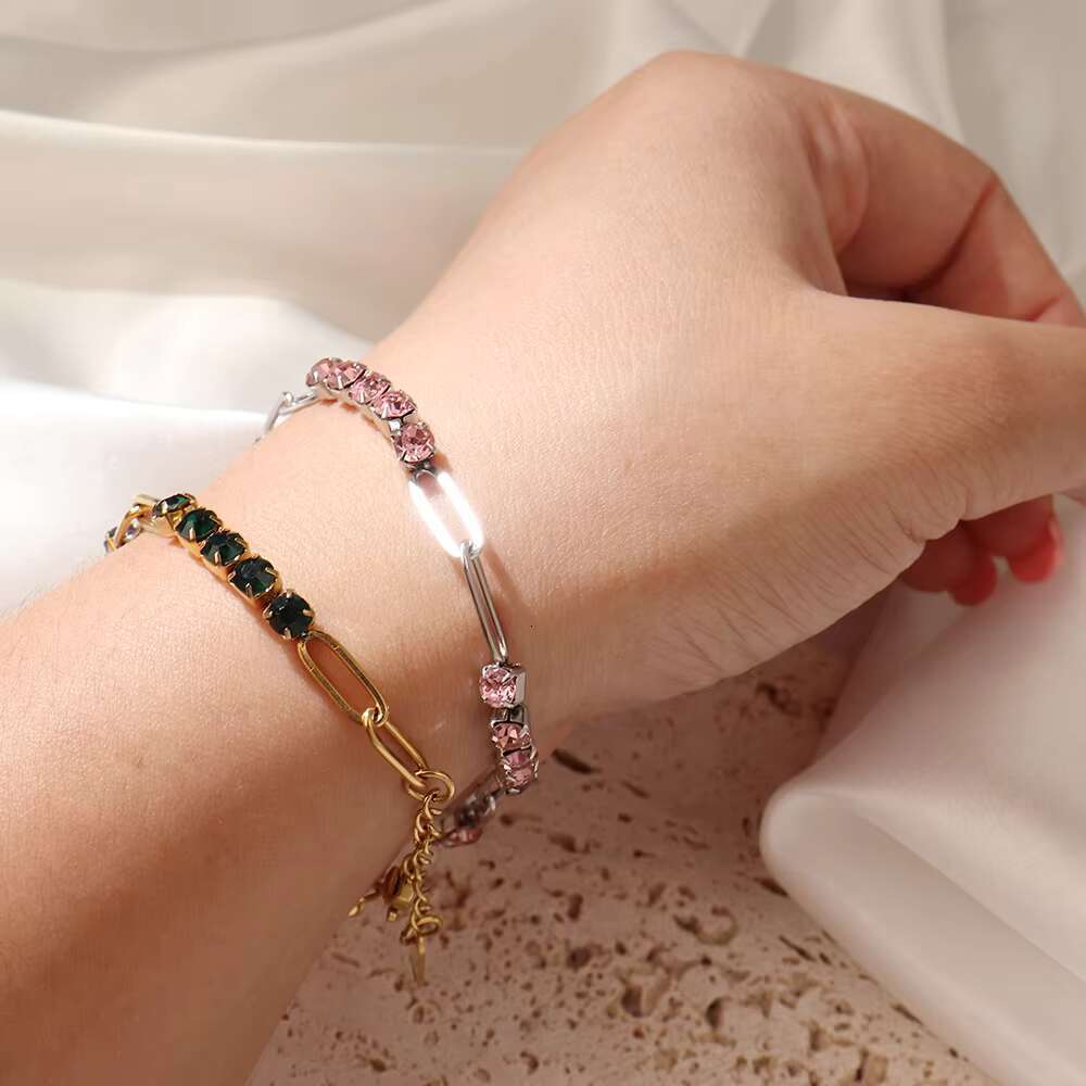 18K Gold Bracelets for Couples Stainless Steel Pink Moissanite Tennis Chain Jewelry Iced Out Moissanite Bracelet Wholesaler