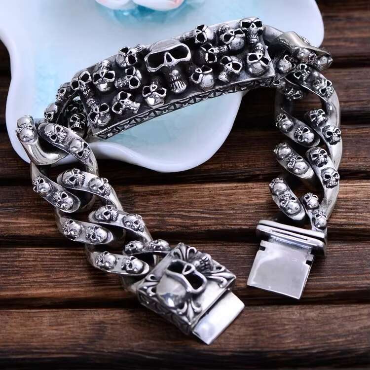 925 Sterling Silver Skull Bracelet for Men Thai Silver Punk Hip Hop Personality Bracelets