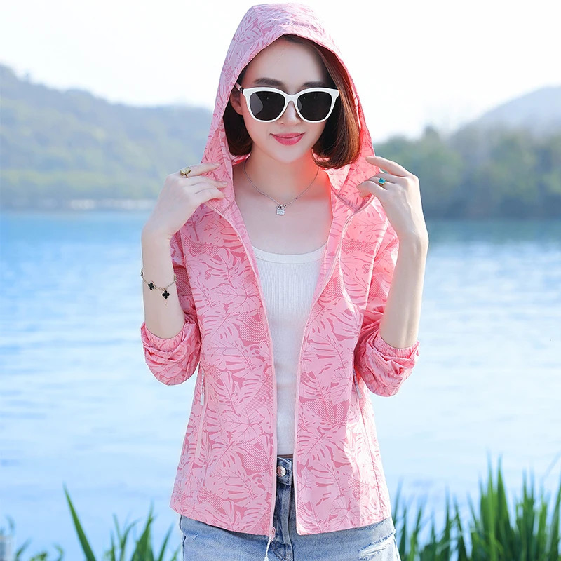 Womens SpringSummer Thin Silk Printed Hoodie Anti UV Jacket Casual Edition Outdoor Breathable Sunscreen 250428