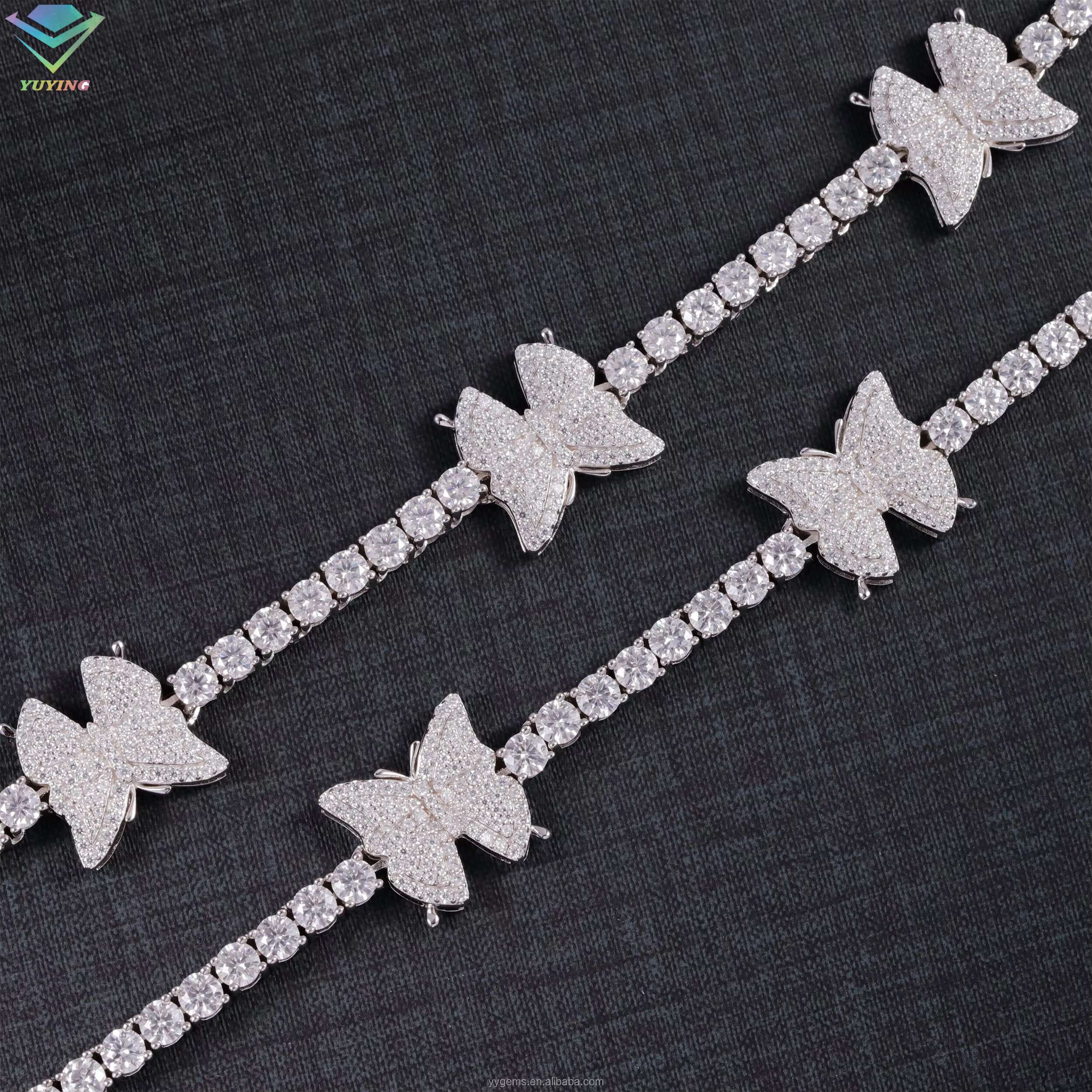 Beautiful Moissanite Butterfly Tennis Chain 3mm Wide 925 Solid Silver VVS Diamond Women Necklace Butterfly Tennis Link Chain