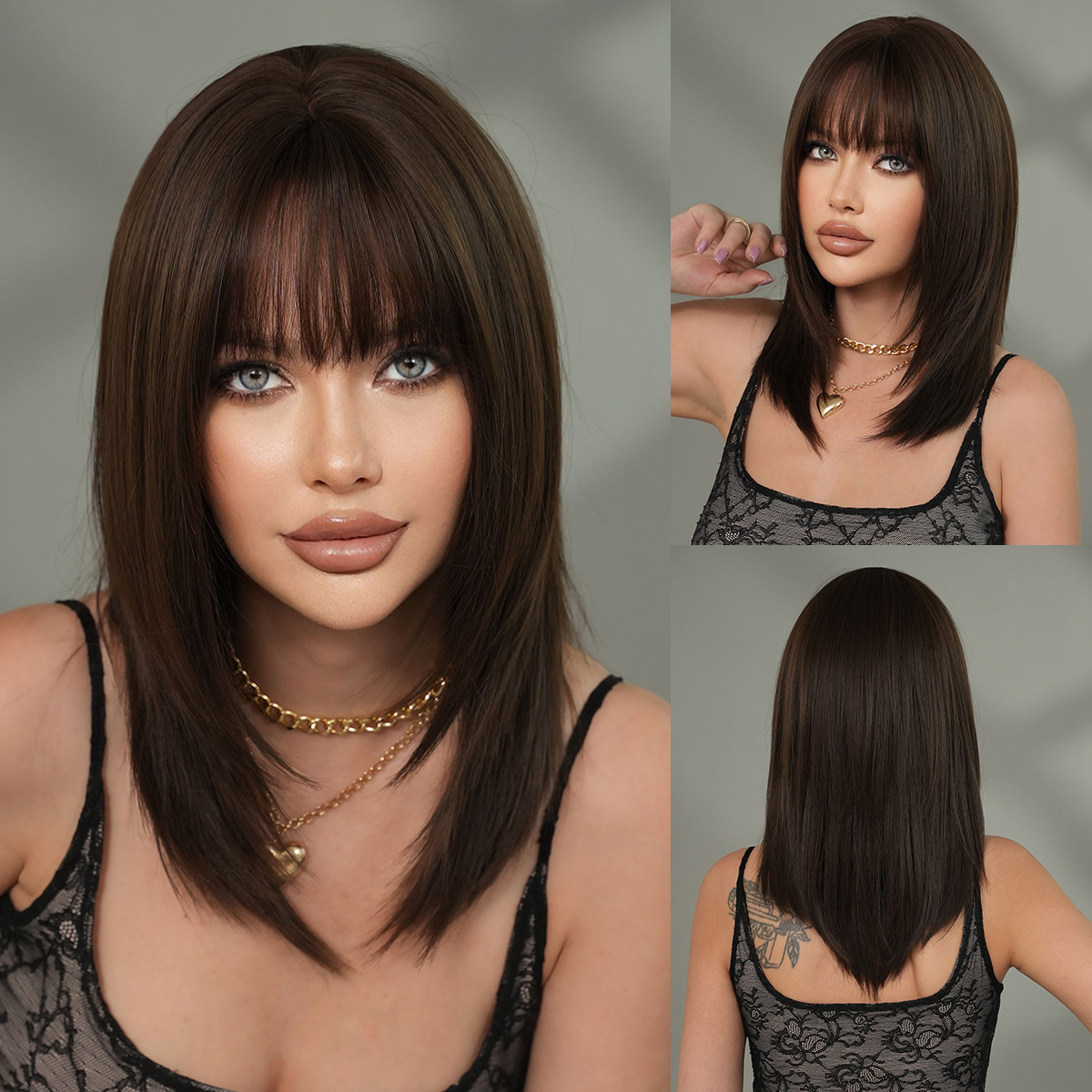 for Wig women chest length black brown high level straight hair air bangs medium to long high-quality wig full top