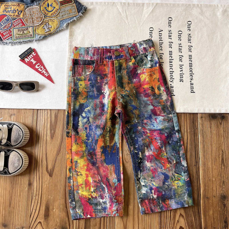 middle Aged and Niche Childrens Graffiti Ink Straight Leg Pants Trendy Jeans Y250430TOJY