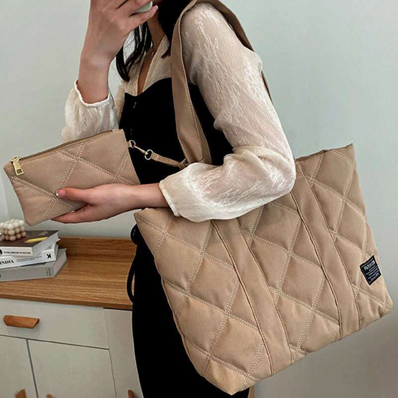 Women Handbag Fall/Winter Fashion Rhombus Space Nylon Suit Shoulder Large Capacity Solid Color All-Match Shopping Tote Bag