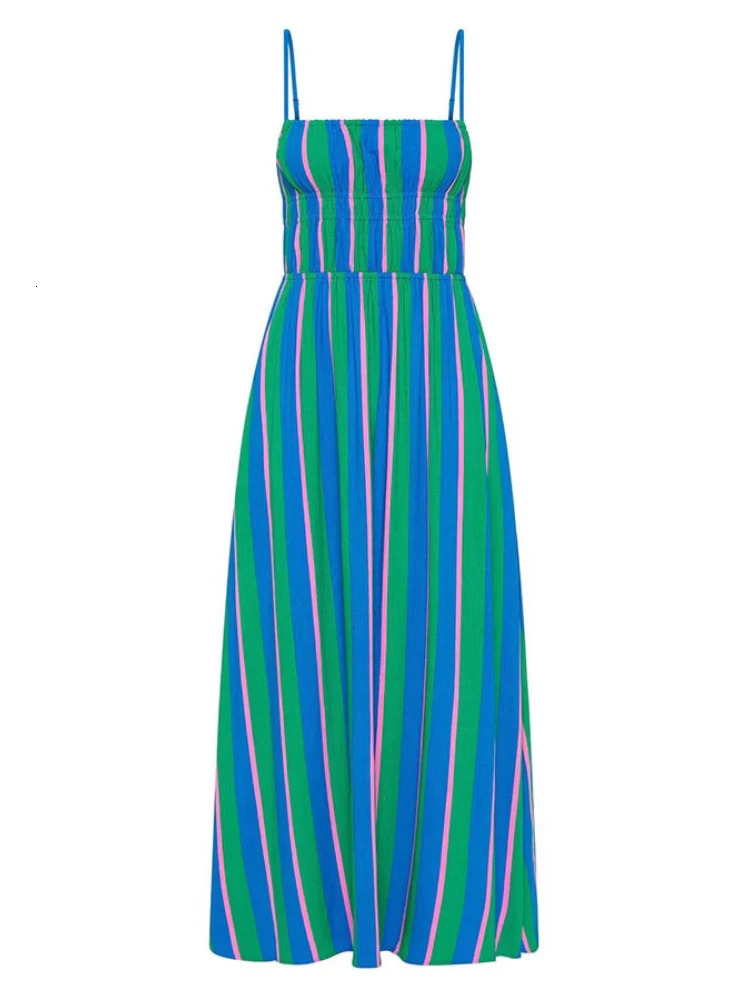 2025 Summer Fashion Womens Elegant Beach Vacation Dress with Strap Printing Stripe Casual Long A-line Dress 250428