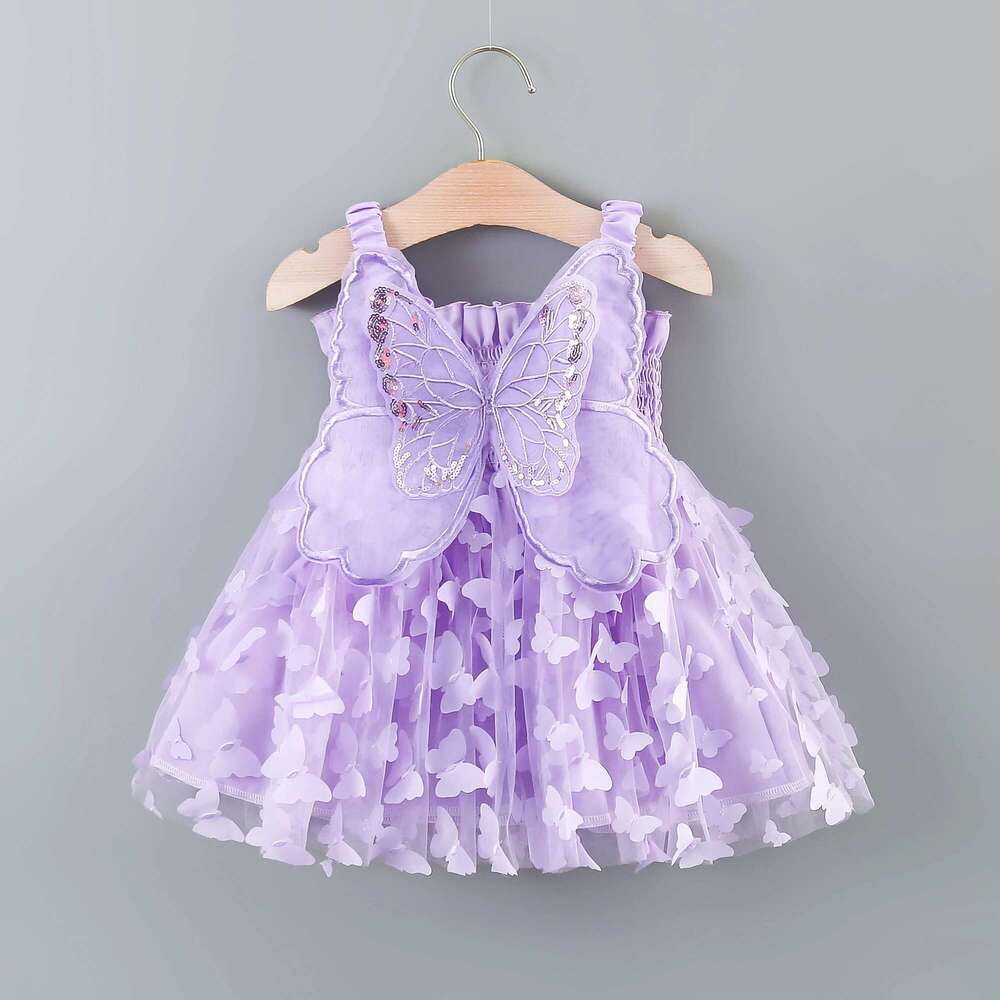 Girls' New Summer With Large Wings On The Back Drawstring Waist Mesh Colorful Butterfly Princess Dress Party