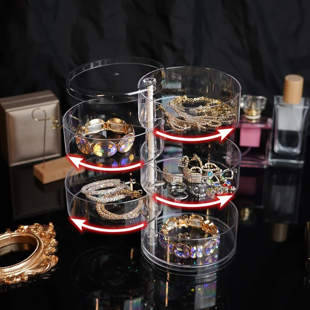 1Pc Stylish Large Capacity 2/3/4/5 Layers Rotating Jewelry Storage Box For Women Transparent Desktop Organizer Dust-proof Hair 250428