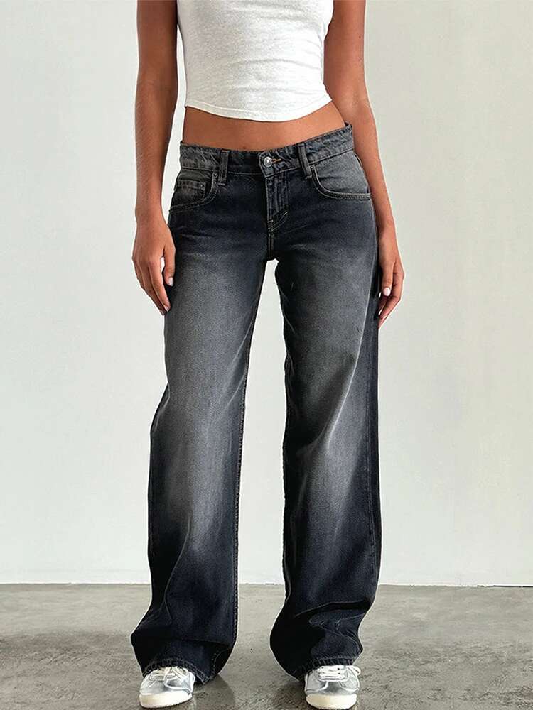 Straight-leg High Waist Women fashion New Leg Pockets Pants Y2k Long Denim Trousers Vintage Grey Washed Jeans
