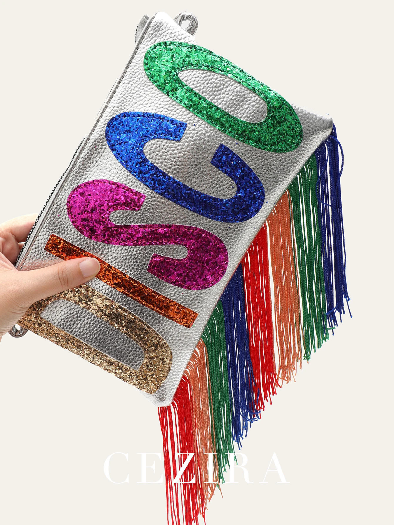 Womens metal PU leather clutch bag fashion sequin letter color tassel edge square long chain ten letter date 250425