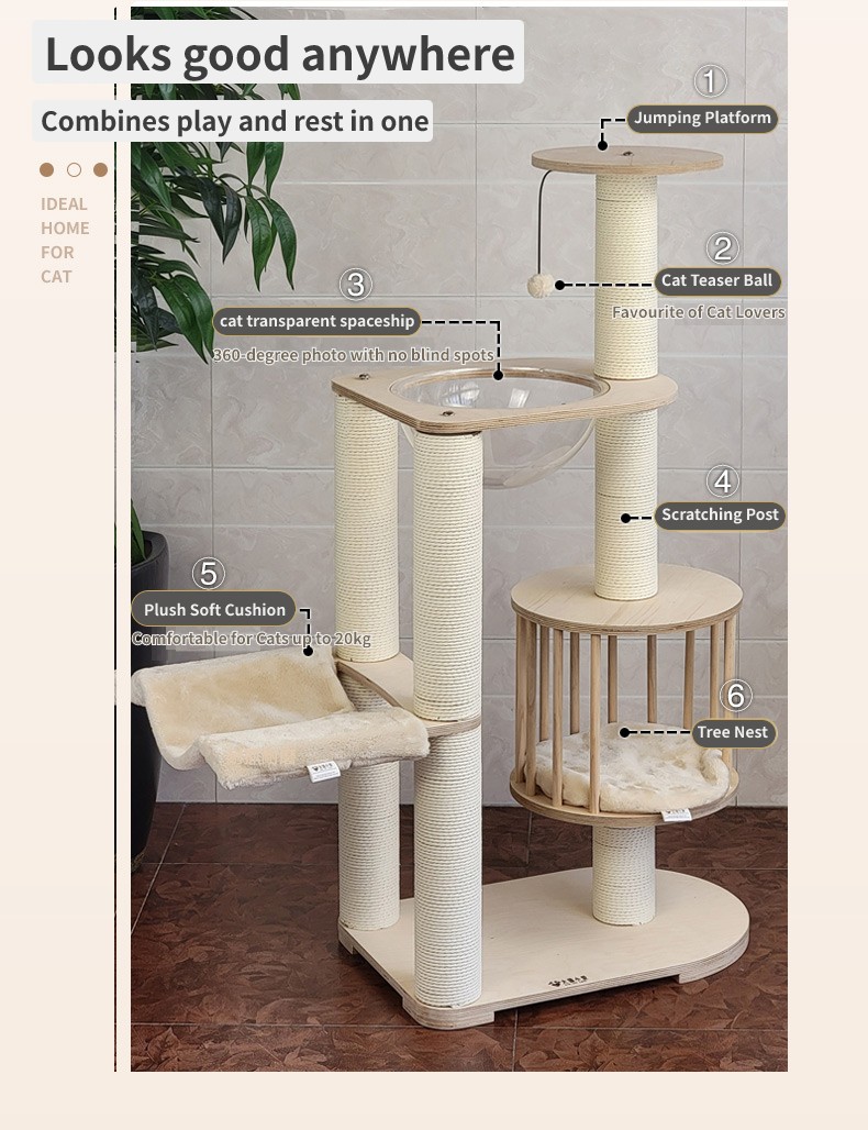 Beige, High 41.6 Inch.Cat Tree Eco-Friendly Solid Timber Multi-Level Large Cat Tree Tower Tall With Litter Box Enclosure Sturdy Cat Condo Perfect Play