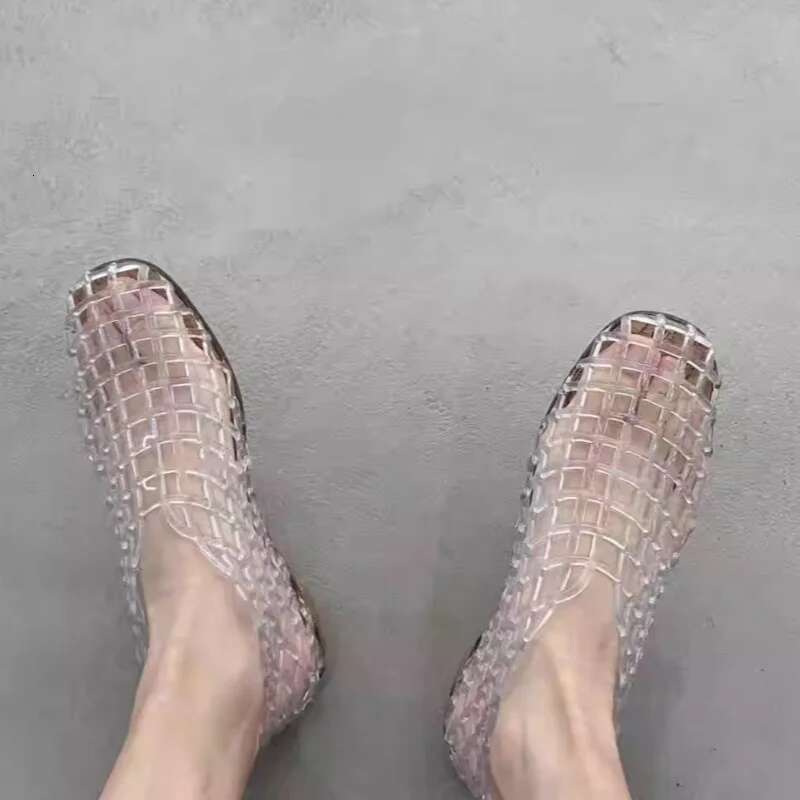 Fashion High Quality Transparent Mesh Hollow Beach Shoes Flat Round Jelly Sandals Flats Women