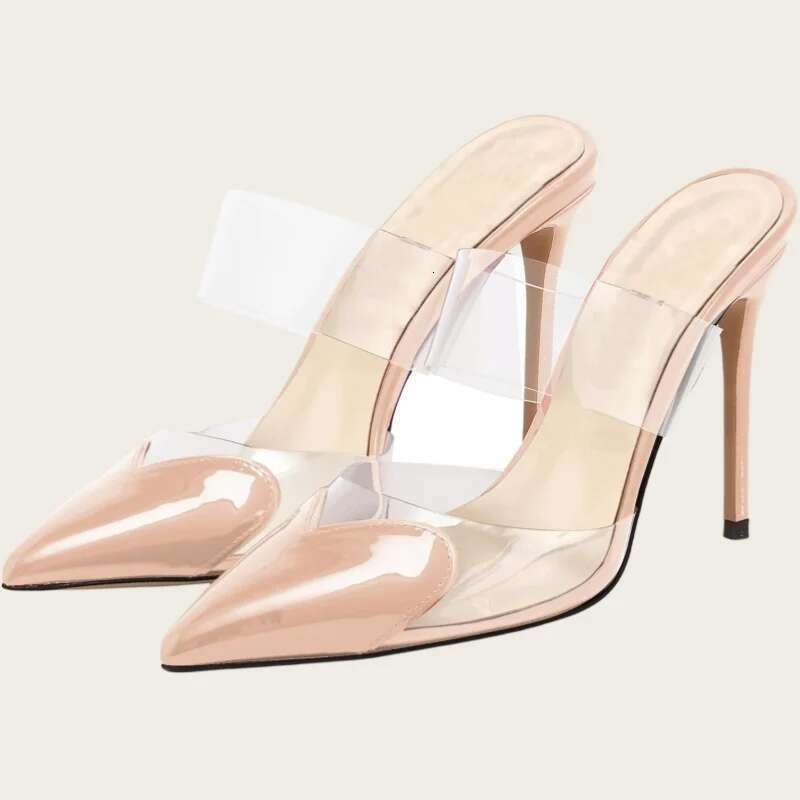 2025 New Women PVC Transparent High Sexy Pointed Toe Heart Shape Decorate Party Shoes Lady Thin Heels Pumps Slipper