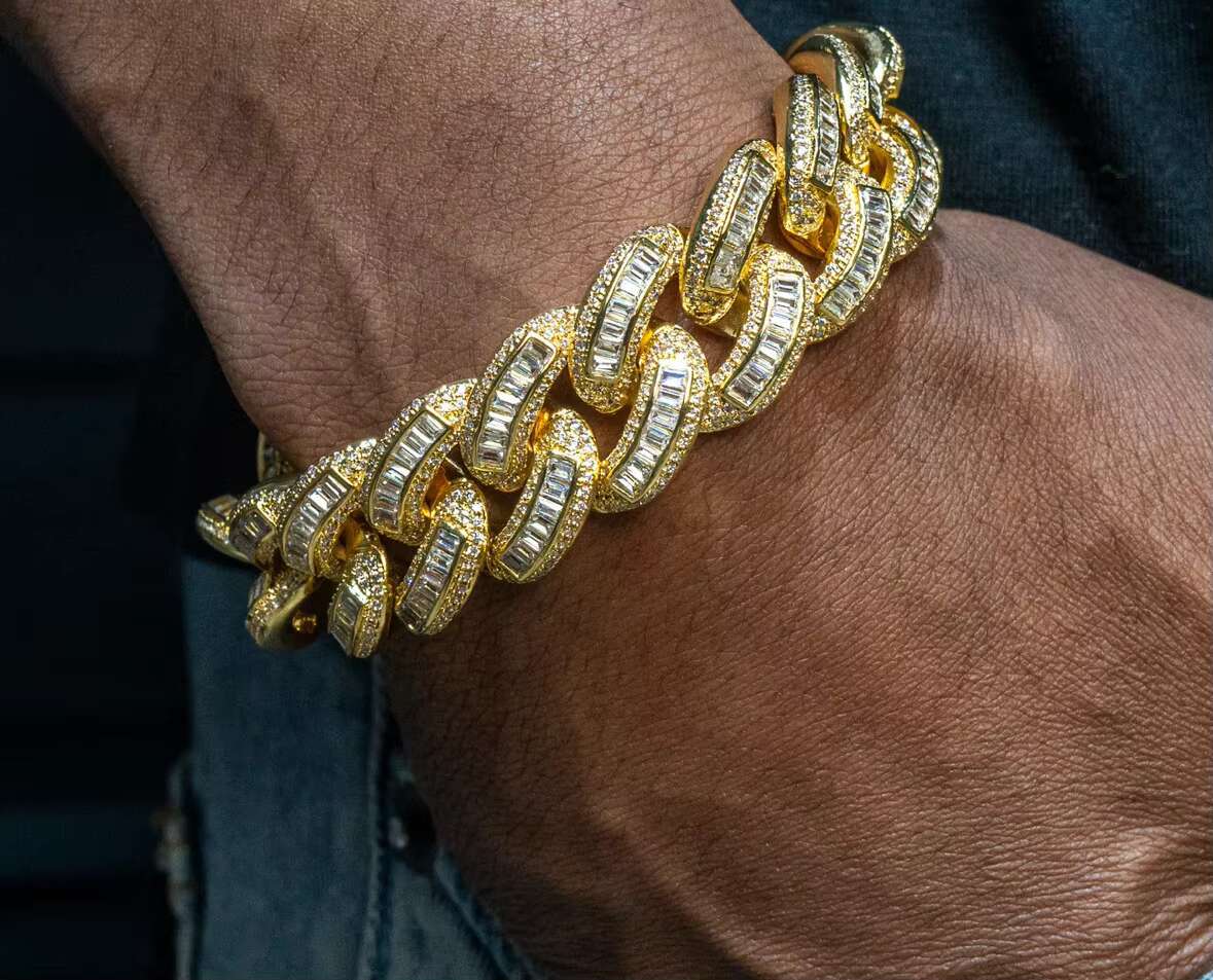 19MM Solid 925 Silver Hip Hop Cuban Link Chain Bracelet 18K Gold Plated with Studded VVS1 Moissanite Diamond Passes Tester